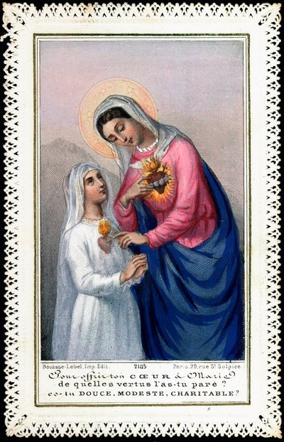 Immagine pia: Bambina in abito da comunione che offre il suo cuore alla Vergine Maria. 