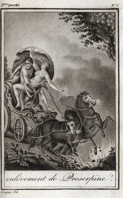Plutone (Ade) prende Persefone (Proserpina) davanti a sua madre, Cerere (Demetra), e la porta nel regno degli Inferi. Plutone rapisce Persefone nel suo regno, l