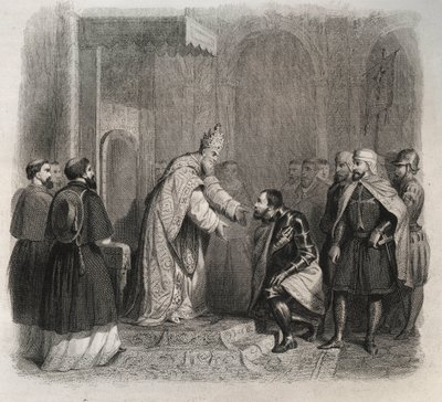 Papa San Pio V (Pio) (1566-1572) riceve il vincitore della Battaglia di Lepanto. Incisione del 1846 in 