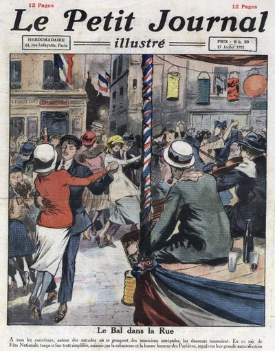 Ballo popolari nelle strade di Parigi in occasione della festa nazionale del 14 luglio. Illustrazione tratta da "Le petit journal illustré" del 17/07/1921. Collezione privata da Anonymous Anonymous