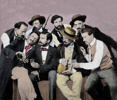 Gruppo di artisti (Macchiaioli) a Firenze: tra loro in alto da sinistra a destra Gaetano Bianchi, Cristiano Banti, Vito d