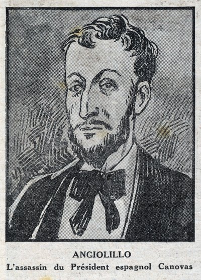 Ritratto di Michele Angiolillo Lombardi detto Jose Sants o Rinaldini, anarchico italiano (1871-1897) assassino del Presidente del Consiglio spagnolo, Antonio Canovas del Castillo (1828-1897). Incisione in "L