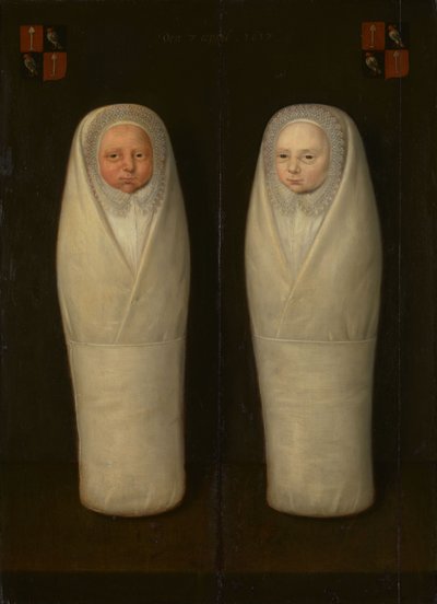 Ritratto di due gemelli in fasce: I figli premorti di Jacob de Graeff e Aeltge Boelens, 1617 circa (olio su tavola) da Anonymous Anonymous