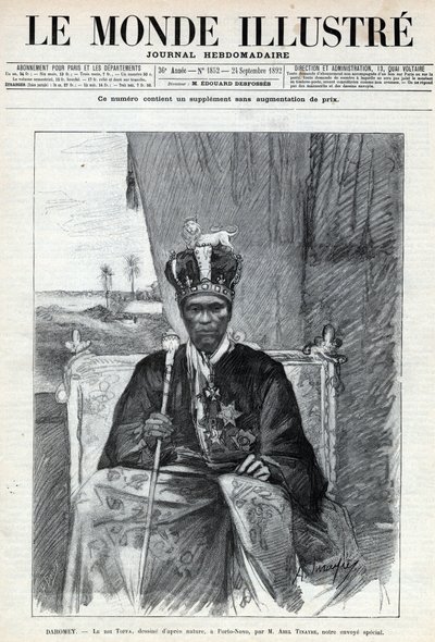 Ritratto di Tofa I (Toffa) (circa 1850-1908), re del Dahomey (Benin) a Porto Novo. Un giornale. Incisione in 