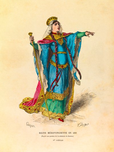 Ritratto di una regina merovingia nel 480 d.C., incisione - collezione privata da Anonymous Anonymous