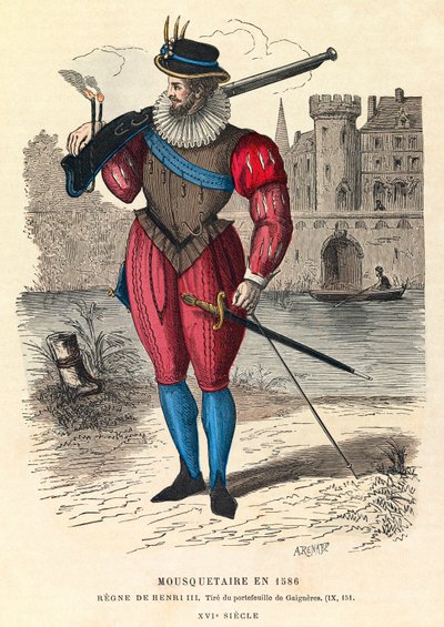 Ritratto di un moschettiere nel 1586 a Parigi (sotto il regno di re Enrico III), incisione da Anonymous Anonymous