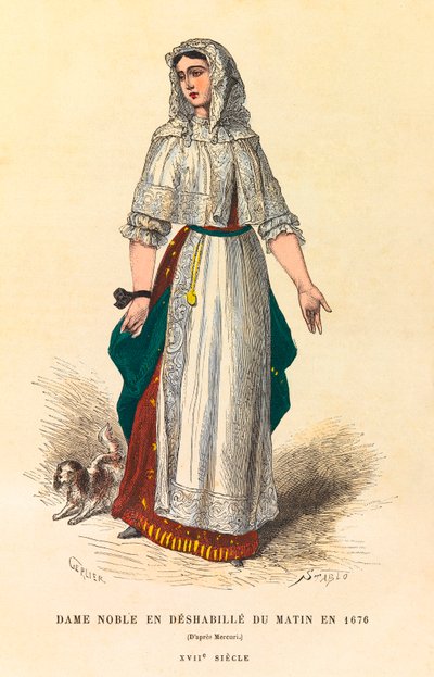 Ritratto di una nobildonna in abito da mattina nel 1676, incisione - collezione privata da Anonymous Anonymous