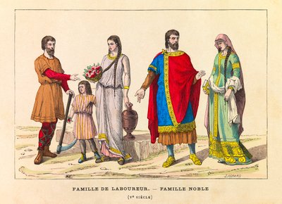 Ritratti e costumi di una famiglia di aratori e di una famiglia nobile nel V secolo, incisione - collezione privata da Anonymous Anonymous