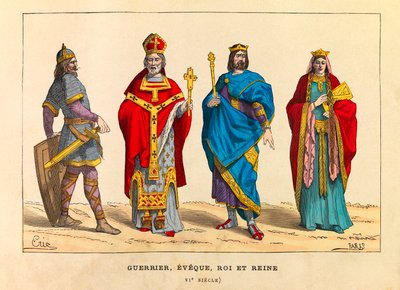 Ritratti e costumi di un guerriero, un vescovo, un re e una regina nel VI secolo, incisione da Anonymous Anonymous