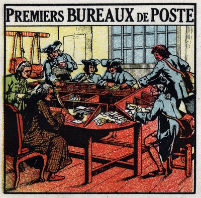 Ufficio postale: primi uffici postali a Parigi nel XVIII secolo. Illustrazione anonima del 1925. Collezione privata. da Anonymous Anonymous