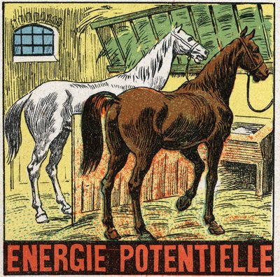 Energia potenziale: cavalli che riposano in una stalla. Illustrazione anonima del 1925. Collezione privata da Anonymous Anonymous