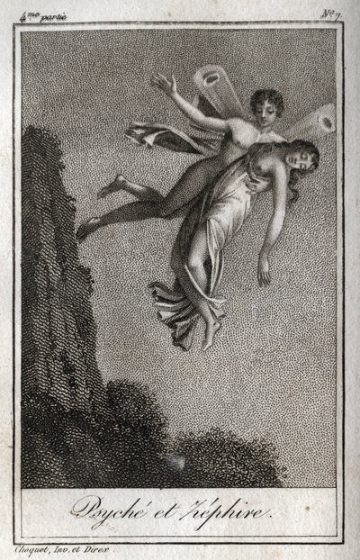 Psiche portata via da Zefiro. Incisione del 1819 in "Lettres à Emilie sur la mythologie" di Charles Albert Demoustier (1760-1801). Collezione privata da Anonymous Anonymous