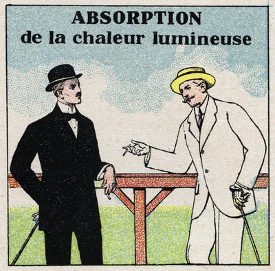 Radiazione e conducibilità: diversa assorbimento del calore della luce a seconda del colore degli indumenti. Illustrazione anonima del 1925. Collezione privata da Anonymous Anonymous