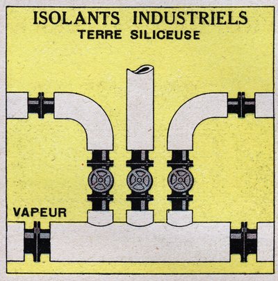 Radiazione e conducibilità: isolamento industriale. Circondiamo i tubi con mattoni di terra silicea. Illustrazione anonima del 1925. Collezione privata da Anonymous Anonymous