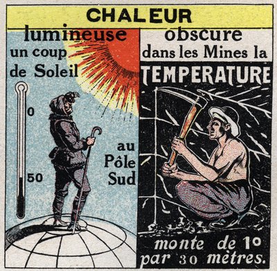 Radiazione e conducibilità: calore luminoso (scottatura al Polo Sud) e calore oscuro (nelle miniere la temperatura aumenta di 1 grado ogni 30 metri). Illustrazione anonima del 1925. Collezione privata. da Anonymous Anonymous