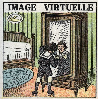 Riflessione della luce: immagine virtuale. Un bambino contempla il suo riflesso in uno specchio. Illustrazione anonima del 1925. Collezione privata. da Anonymous Anonymous
