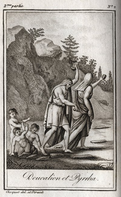 Rappresentazione di Deucalione e Pirra, gli unici sopravvissuti dopo il diluvio causato da Zeus per distruggere la razza umana. Temi dopo il diluvio chiede loro di camminare con la testa coperta gettando dietro di loro le ossa della loro madre (le pietre d da Anonymous Anonymous