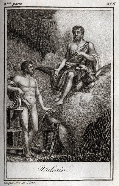 Rappresentazione di Vulcano, dio del fuoco, della forgia e dei vulcani. Incisione del 1819 in 