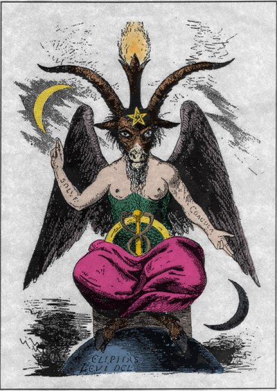 Rappresentazione del Baphomet: un mostro con testa di capra e corpo di donna con citazioni alchemiche sulle braccia "solve" e "coagula", un caduceo tra le gambe e un pentagramma sulla fronte. Il diavolo di Eliphas Levi (Alphonse Louis) da Anonymous Anonymous