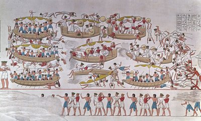 Rappresentazione della Battaglia del Delta del Nilo tra gli eserciti di Ramses III e i Popoli del Mare. Da un rilievo nel tempio funerario di Medinet Habou, Egitto da Anonymous Anonymous