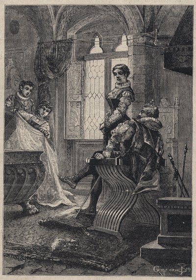 Rodrigo Borgia (Borja) circondato dai suoi figli (Giovanni o Juan o Cesare, Lucrezia) nella casa di Vannozza Cattanei - incisione da 