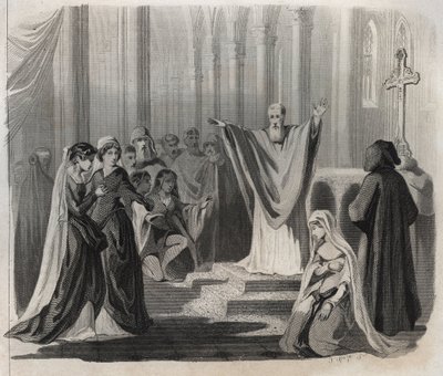 San Dunstan (ca. 909-988), vescovo di Canterbury, benedettino e riformatore della vita monastica in Inghilterra, annuncia la sua imminente morte al popolo. Incisione del 1846 in “Lives of the saints” da Anonymous Anonymous