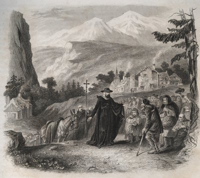 San Francesco di Sales (1567-1622), vescovo di Ginevra in visita pastorale. Incisione del 1846 in 