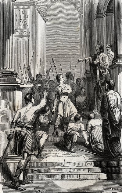 Saturnino di Tolosa (San Sernin, primo vescovo cristiano di Tolosa) fermato al Campidoglio di Tolosa - Incisione del 1846 in "Lives des saints". Collezione privata da Anonymous Anonymous