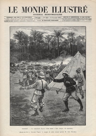 Seconda guerra del Dahomey (1892-1894): morte del comandante francese Faurax durante la battaglia di Dogba il 19 settembre 1892 in Dahomey (ora Benin). Un giornale. Incisione in “Le monde illustré” del 1892. Collezione privata. da Anonymous Anonymous
