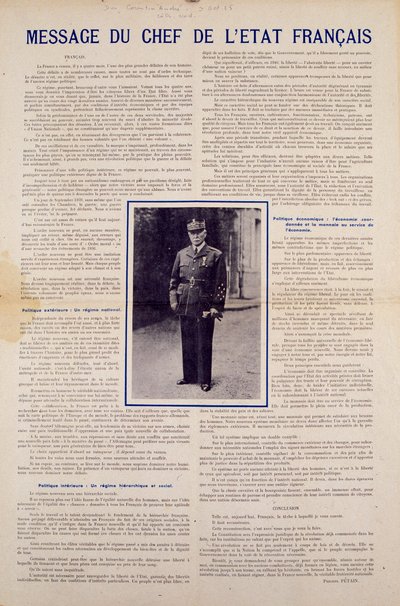 Seconda Guerra Mondiale e regime di Vichy: messaggio del capo di stato francese Philippe Pétain pubblicato dopo l