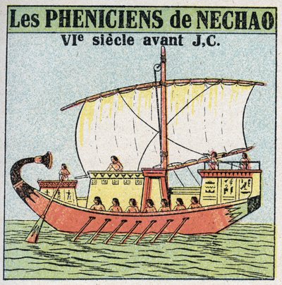 Navi e navi: marinai fenici al servizio del faraone Nechao nel VII secolo a.C. Illustrazione anonima del 1925. Collezione privata da Anonymous Anonymous