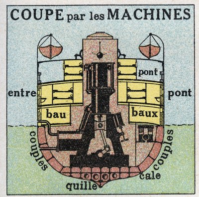 Navi e navi: sezione trasversale di un vascello con ruote a macchina. Illustrazione anonima del 1925. Collezione privata. da Anonymous Anonymous