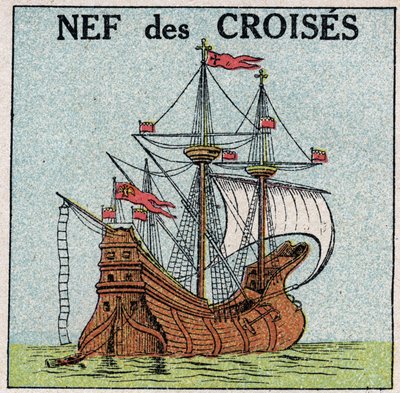 Navi e navi: la nave reale "Montjoie" di re San Luigi (1214-1270) durante le crociate. Illustrazione anonima del 1925. Collezione privata. da Anonymous Anonymous