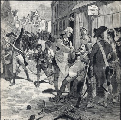 Assedio di Lille nel 1792: Maes usa una scheggia di bomba come piatto per la barba per radere un cliente. Incisione in 