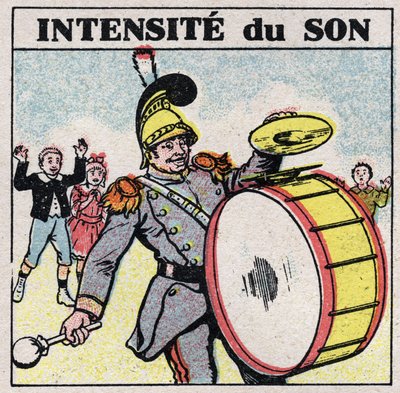 Energia sonora: suono intenso. Il tamburo di una banda militare. Illustrazione anonima del 1925. Collezione privata da Anonymous Anonymous