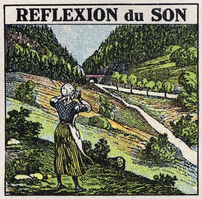 Energia sonora: riflessione del suono per fenomeno di eco. Illustrazione anonima del 1925. Collezione privata. da Anonymous Anonymous
