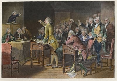 Stamp Act (Duties in American Colonies Act) - Leader rivoluzionario americano Patrick Henry (1736-1799) che parla contro lo Stamp Act nella House of Burgesses della Virginia nel 1765 da Anonymous Anonymous