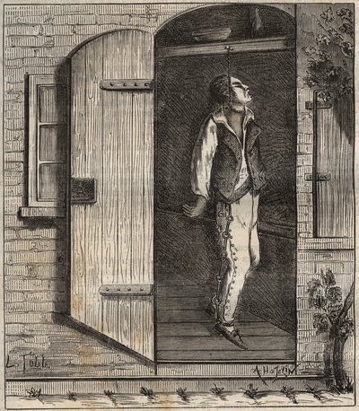 Suicidio al Bagne di Rochefort nel 1840. Incisione in "Histoire des bagnes depuis leur création à nos jours" (1877) di Pierre Zaccone (1817-1895). Collezione privata da Anonymous Anonymous