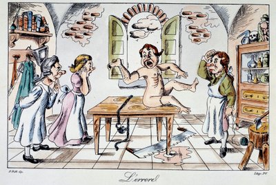 Errore chirurgico: un adesivo satirico che rappresenta i rischi corsi dai pazienti consegnati nelle mani di cattivi medici, un esempio di trapianto di braccio al posto della gamba. Incisione del XIX secolo da Anonymous Anonymous