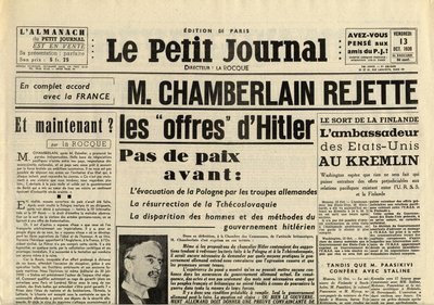 THE SMITTLE JOURNAL VENERDÌ 13 OTTOBRE 1939 Neville CHAMBERLAIN (1869-1940) RIFIUTA le offerte di Adolf Hitler da Anonymous Anonymous