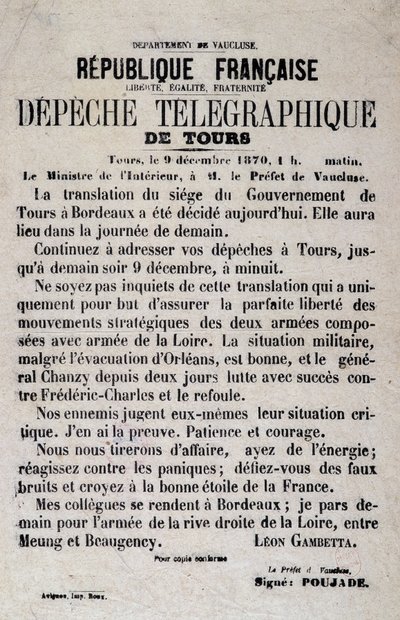 Notizie telegrafiche di Tours del 9/12/1870 di Léon Gambetta da Anonymous Anonymous