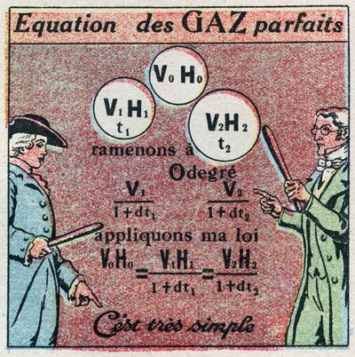 Temperatura e dilatazione: equazione del gas perfetto ottenuta attraverso la legge di Louis-Joseph Gay-Lussac (1778-1850) e la legge di Edme Mariotte (ca. 1620-1684). Illustrazione anonima del 1925. Collezione privata. da Anonymous Anonymous