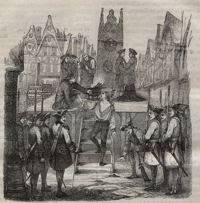 Il Cavaliere Francois-Jean Lefebvre de La Barre sale al patibolo nel 1766. Incisione in 