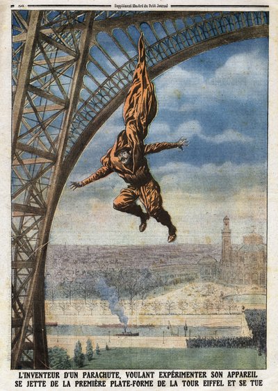 Il sarto francese di origine austriaca Franz Reichelt, inventore di un paracadute, si lancia dalla prima piattaforma della Torre Eiffel e si uccide. Incisione in "Le Petit Journal" da Anonymous Anonymous