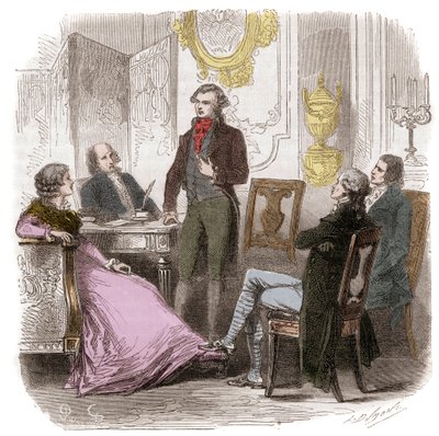 I Girondini a casa di Madame Roland - Riunione dei Girondini da Madame Roland (Manon (Jeanne Marie) Roland Philipon) (1754-1793) - Incisione in "Histoire des Girondins" di Alphonse de Lamartine (1790-1869) 1865-1866 - Collezione privata da Anonymous Anonymous