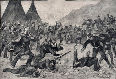 La rivolta indiana negli Stati Uniti: una lotta tra indiani Sioux e truppe americane. Incisione in 