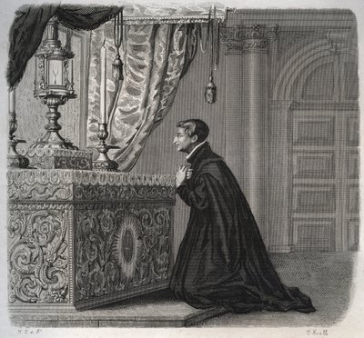 Il gesuita italiano Luigi Gonzaga (San Luigi Gonzaga) (1568-1591) in preghiera. Incisione del 1846 in 