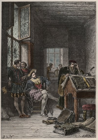 Il re di Francia Francesco I (1494-1547), protettore delle arti e delle lettere, visita i laboratori dei tipografi Estienne (Robert Estienne), circa 1540 da Anonymous Anonymous