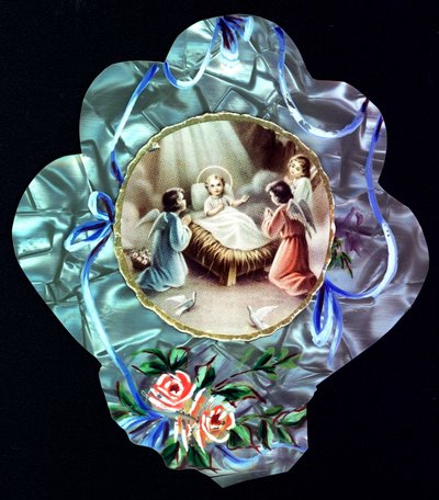 La Natività. Il bambino Gesù circondato da angeli. Immagine pia. Cartolina dentellata. Collezione privata da Anonymous Anonymous