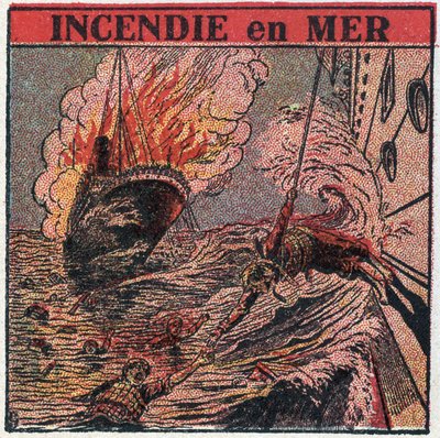 La T.S.F.: incendio in mare. La T.S.F. è utilizzata dalle navi per chiedere aiuto durante un naufragio. Illustrazione anonima del 1925. Collezione privata. da Anonymous Anonymous